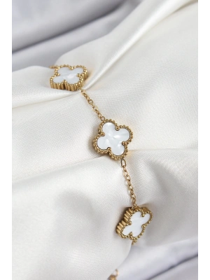 316L Çelik Beyaz Sedef Yonca Model Gold Renk Kadın Bileklik