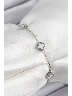 316L Çelik Beyaz Sedef Yonca Model Gümüş Renk Kadın Bileklik