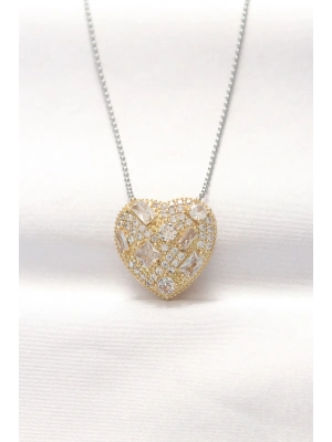 316L Çelik Çift Renk Zirkon Taşlı Kalp Kolye