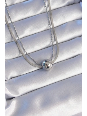 316L Çelik Çift Zincirli Gümüş Renk Topçuk İtalyan Model Kolye