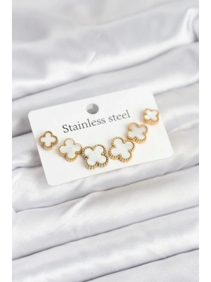 316L Çelik Gold Beyaz Renk 3 Boy Yonca Küpe Seti