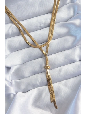 316L Çelik Gold Renk 2li İtalyan Zincir Asansör Model Sallantı Detay Kadın Kolye