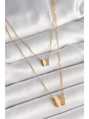 316L Çelik Gold Renk 2Li Simli Kelebek Model Kadın Kolye