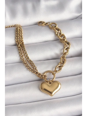 316L Çelik Gold Renk 2Li Zincir Model Kalp Figür Kadın Bileklik