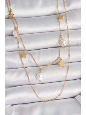 316L Çelik Gold Renk 2Li Zincir Sallantı Yıldız İnci Model Kadın Kolye