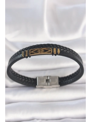 316L Çelik Gold Renk Aksesuarlı Çift Sıra Siyah Burgu Desenli Deri Kordon Erkek Bileklik