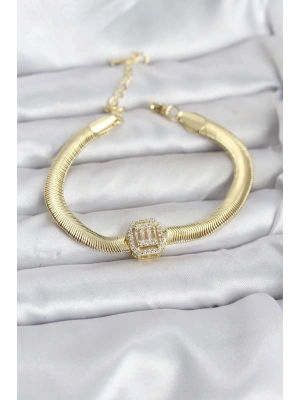 316L Çelik Gold Renk Baget Zirkon Taşlı Yılan Zincirli Kadın Bileklik