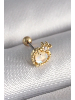 316L Çelik Gold Renk Beyaz Mineli Kalp Zirkon Taş Detaylı Taç Tragus Piercing