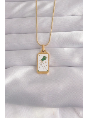 316L Çelik Gold Renk Beyaz Mineli Tarot Kolye