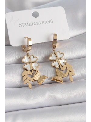 316L Çelik Gold Renk Beyaz Sedefli Yonca Simli Kelebek Figür Kadın Küpe