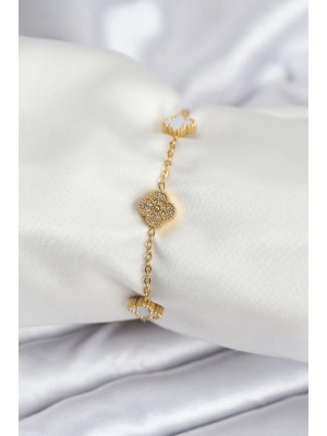 316L Çelik Gold Renk Beyaz ve Zirkon Taşlı Baby Boy Yonca Kadın Bileklik