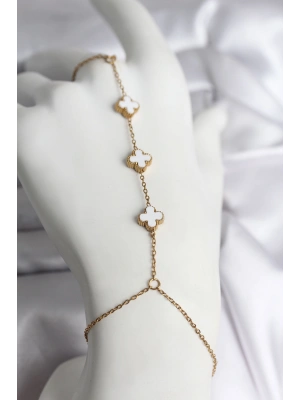 316L Çelik Gold Renk Beyaz Yonca Model Kadın Şahmeran