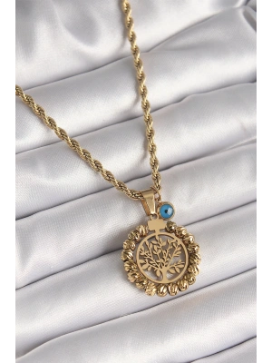 316L Çelik Gold Renk Burgu Zincir Dorika Yaşam Ağacı Figür Nazar Boncuk Detay Kadın Kolye