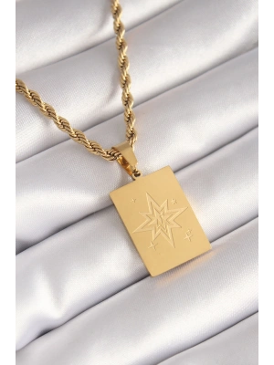 316L Çelik Gold Renk Burgu Zincir Kutup Yıldızı İşleme Plaka Figür Kadın Kolye