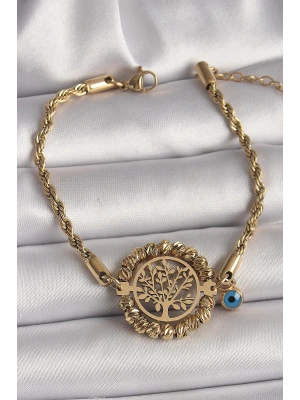 316L Çelik Gold Renk Burgu Zincir Model Dorika Yaşam Ağacı Figür Nazar Boncuk Detay Kadın Bileklik