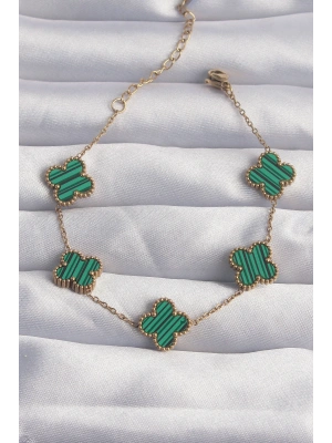 316L Çelik Gold Renk Çizgili Yeşil Mineli Yonca Bileklik