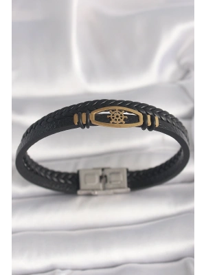 316L Çelik Gold Renk Gemi Dümen Figür Siyah Renk Çift Sıra Burgu Desenli Deri Kordon Erkek Bileklik