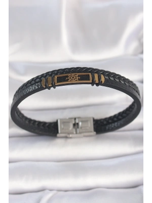 316L Çelik Gold Renk Gemi Dümeni Aksesuarlı Çift Sıra Burgu Desenli Deri Kordon Erkek Bileklik