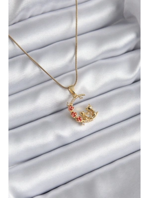 316L Çelik Gold Renk Hilal Kedi Model Zirkon Taşlı Detay Kadın Kolye