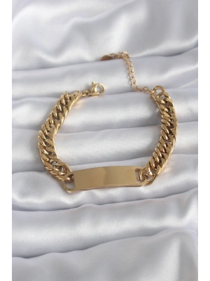 316L Çelik Gold Renk İsim Yazılabilir Plaka Model Kadın Bileklik