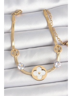 316L Çelik Gold Renk İtalyan Zincir Beyaz Mineli Yonca Model Zirkon Taş Detaylı Kadın Bileklik