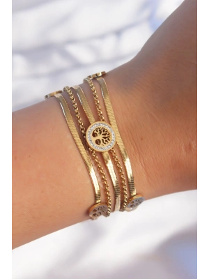 316L Çelik Gold Renk İtalyan Zincir Detaylı Zirkon Taşlı Yaşam Ağacı Tasarımlı Çoklu Bileklik