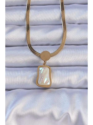 316L Çelik Gold Renk İtalyan Zincir Ezme Taşlı Kolye