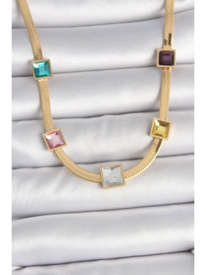 316L Çelik Gold Renk İtalyan Zincir Model Kare Renkli Zirkon Taşlı Kadın Kolye