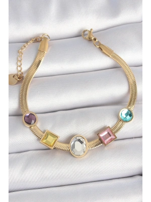 316L Çelik Gold Renk İtalyan Zincir Renkli Zirkon Taşlı Kadın Bileklik