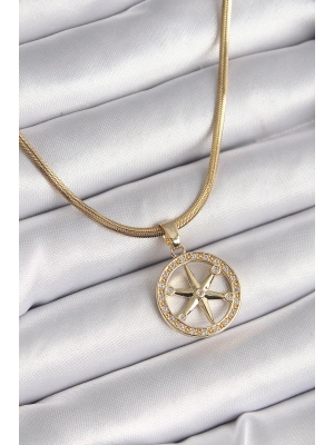 316L Çelik Gold Renk İtalyan Zincir Zirkon Taşlı Kutup Yıldız Model Kadın Kolye