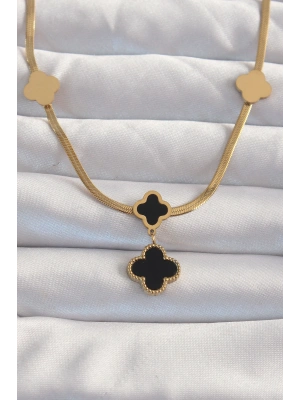 316L Çelik Gold Renk İtalyan Zincirli Mineli Yonca Kolye