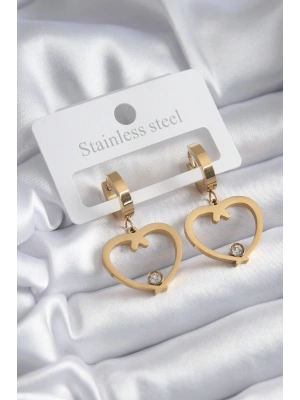 316L Çelik Gold Renk Kalp Model Zirkon Taş Detay Kadın Küpe