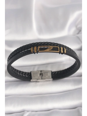 316L Çelik Gold Renk Kanat Aksesuarlı Siyah Burgu Model Deri Kordon Erkek Bileklik