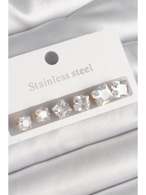 316L Çelik Gold Renk Kare Zirkon Taş Model Kadın Küpe Seti