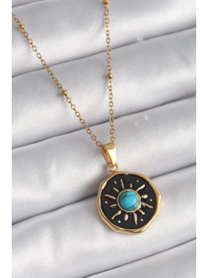 316L Çelik Gold Renk Mavi Boncuk Güneş İşleme Madalyon Model Kadın Kolye