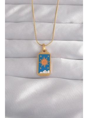 316L Çelik Gold Renk Mavi Mineli Güneş Model Tarot Kolye