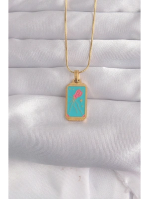 316L Çelik Gold Renk Mavi Mineli Tarot Kolye