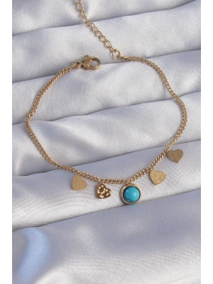 316L Çelik Gold Renk Minimal Kalpli Mavi Taş Detaylı Bileklik