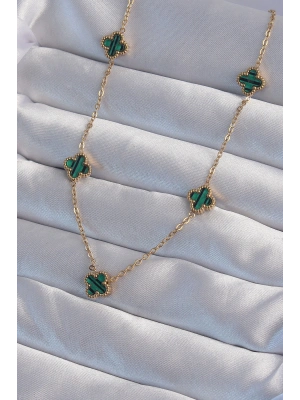 316L Çelik Gold Renk Minimal Yeşil Mineli Yonca Kolye