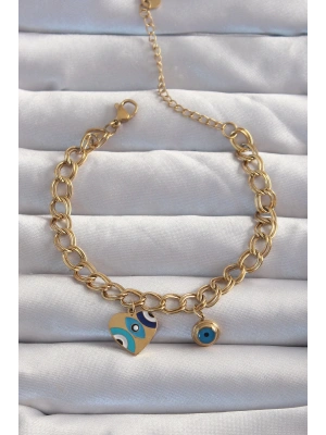 316L Çelik Gold Renk Nazarlı Kalp Model Zincir Bileklik