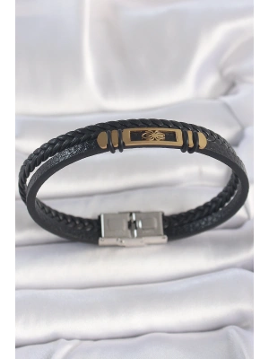 316L Çelik Gold Renk Örümcek Figür Çift Sıra Burgu Desenli Deri Kordon Erkek Bileklik