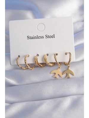 316L Çelik Gold Renk Oval Tasarım Kuş Model Küpe Seti