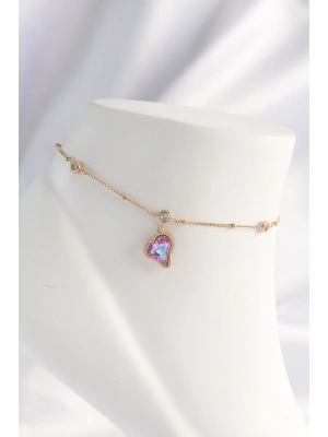 316L Çelik Gold Renk Renkli Zirkon Taşlı Kalp Halhal