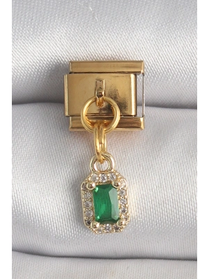 316L Çelik Gold Renk Sallantı Kare Yeşil Zirkon Taşlı Nomination Charm