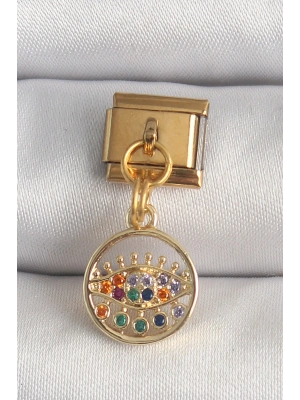 316L Çelik Gold Renk Sallantı Renkli Zirkon Taşlı Göz Model Nomination Charm