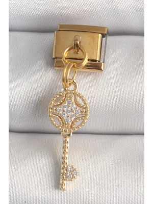 316L Çelik Gold Renk Sallantı Zirkon Taşlı Anahtar Model Nomination Charm