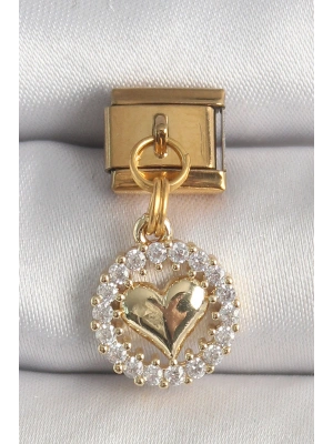 316L Çelik Gold Renk Sallantı Zirkon Taşlı Kalp Model Nomination Charm