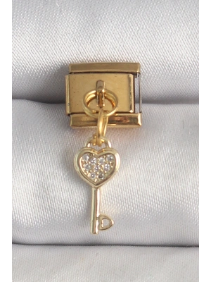 316L Çelik Gold Renk Sallantı Zirkon Taşlı Kalpli Anahtar Model Nomination Charm