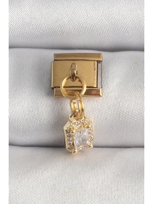 316L Çelik Gold Renk Sallantı Zirkon Taşlı Kare Model Nomination Charm