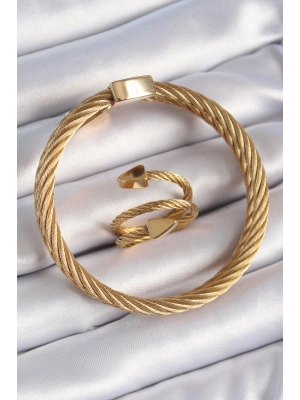 316L Çelik Gold Renk Sarmal Model Erkek Bileklik Yüzük Kombini